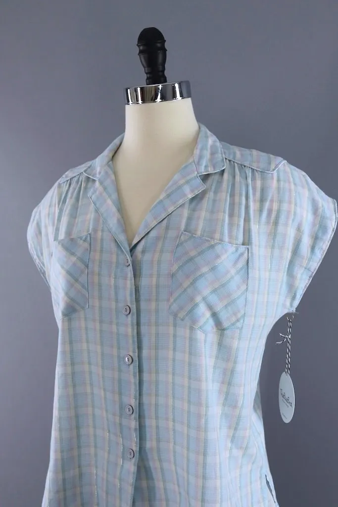 Vintage Pastel Blue Plaid Blouse