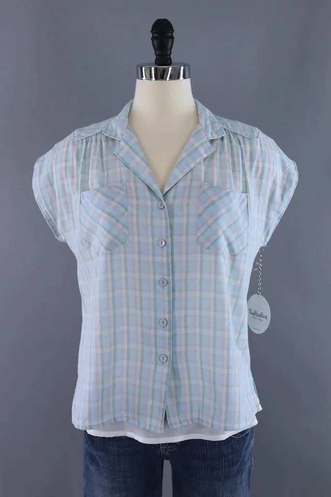 Vintage Pastel Blue Plaid Blouse