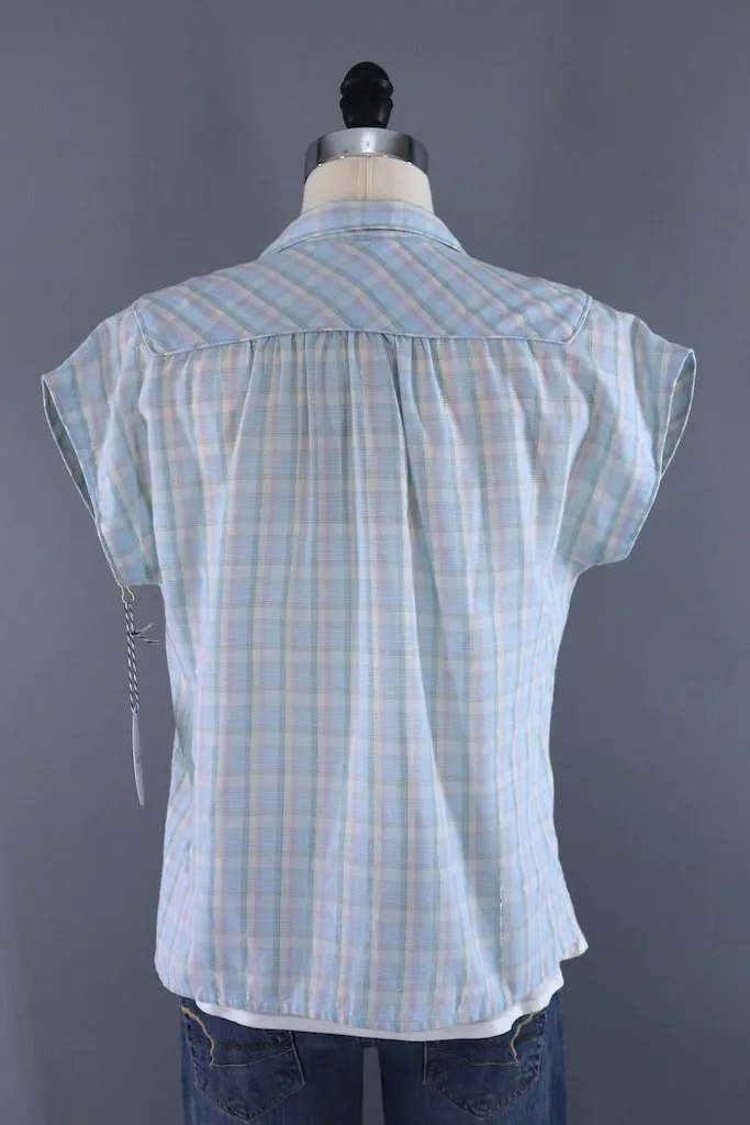 Vintage Pastel Blue Plaid Blouse