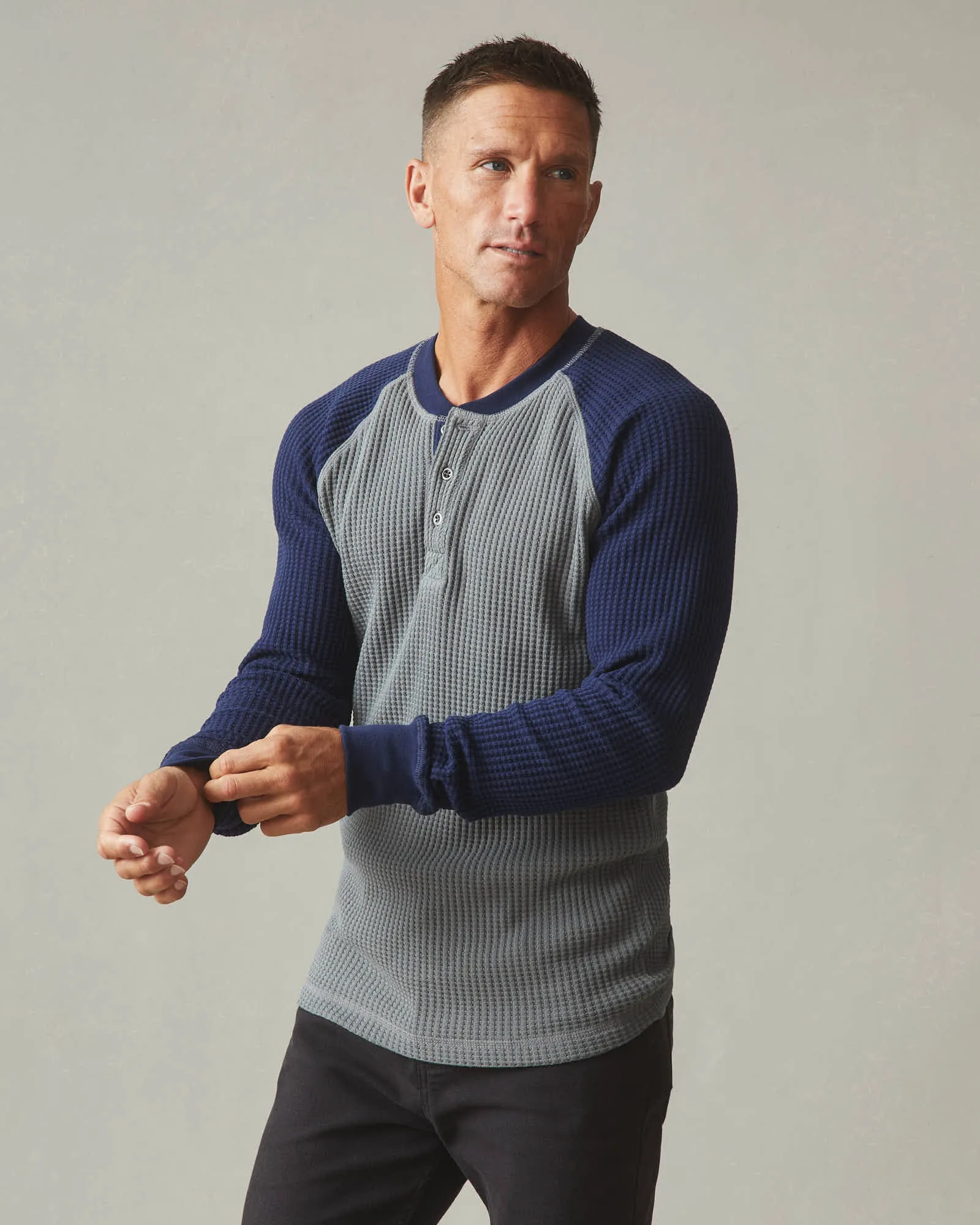 Waffle Long Sleeve Henley - Colorblock - Lava Smoke