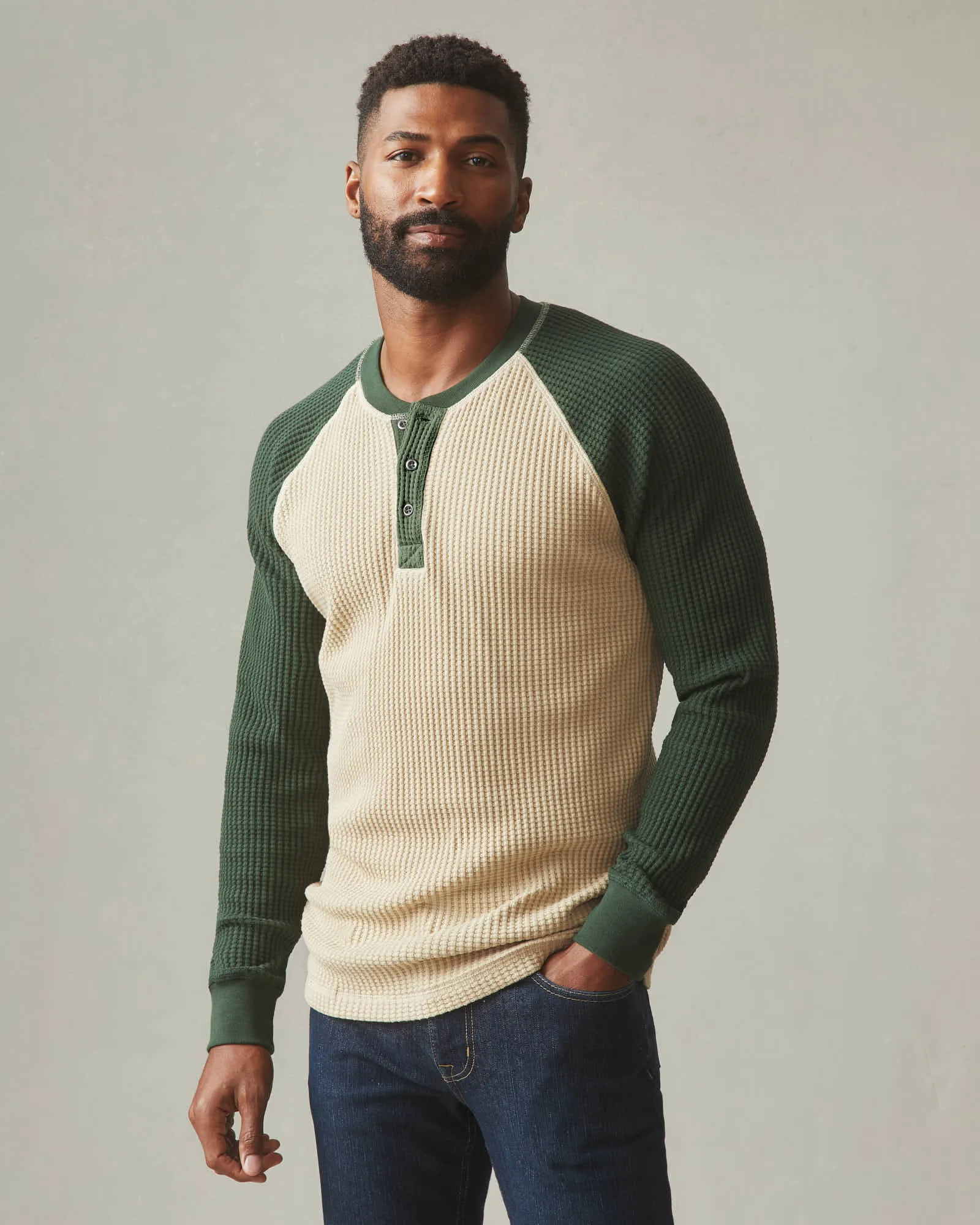 Waffle Long Sleeve Henley - Colorblock - Pale Khakhi