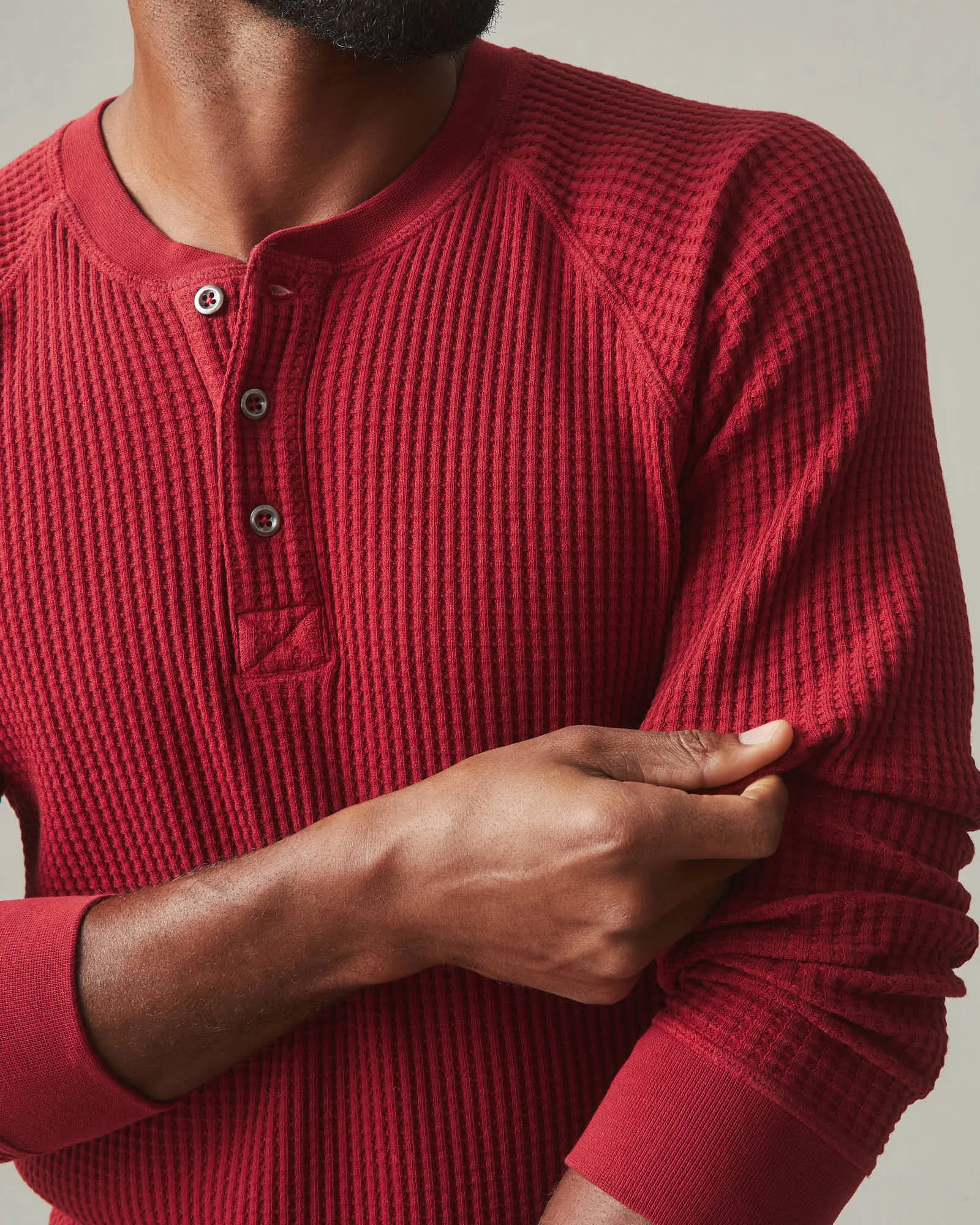 Waffle Long Sleeve Henley - Real Red