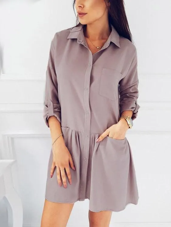 Wholesale Pink Classic Collar Long Sleeve Plain Side Pockets Flounced Hem Shirt Dresses