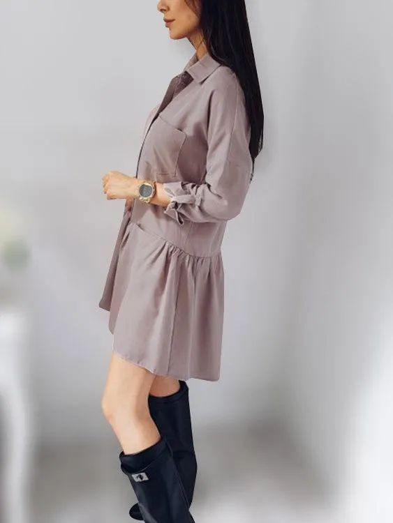 Wholesale Pink Classic Collar Long Sleeve Plain Side Pockets Flounced Hem Shirt Dresses