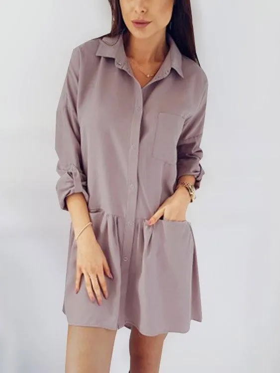 Wholesale Pink Classic Collar Long Sleeve Plain Side Pockets Flounced Hem Shirt Dresses