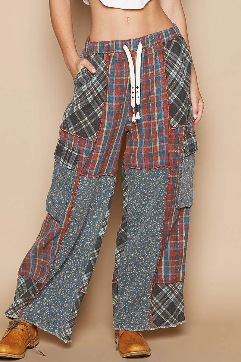 Wide Leg Elastic Waist Contrast Plaid Cargo Pockets Pants /Stuffology Boutique