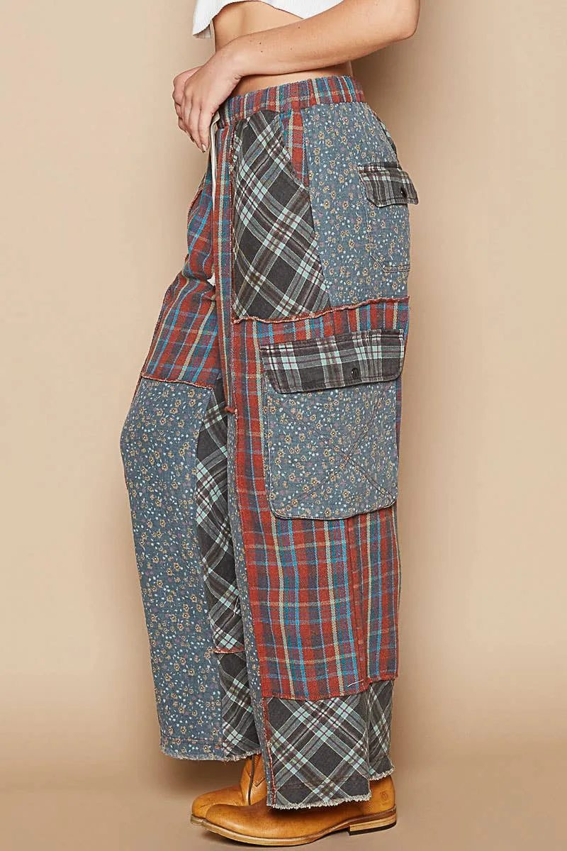 Wide Leg Elastic Waist Contrast Plaid Cargo Pockets Pants /Stuffology Boutique