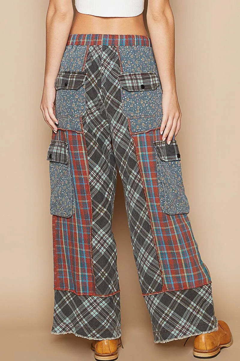 Wide Leg Elastic Waist Contrast Plaid Cargo Pockets Pants /Stuffology Boutique