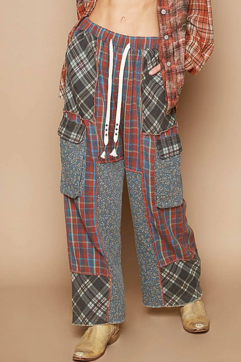 Wide Leg Elastic Waist Contrast Plaid Cargo Pockets Pants /Stuffology Boutique