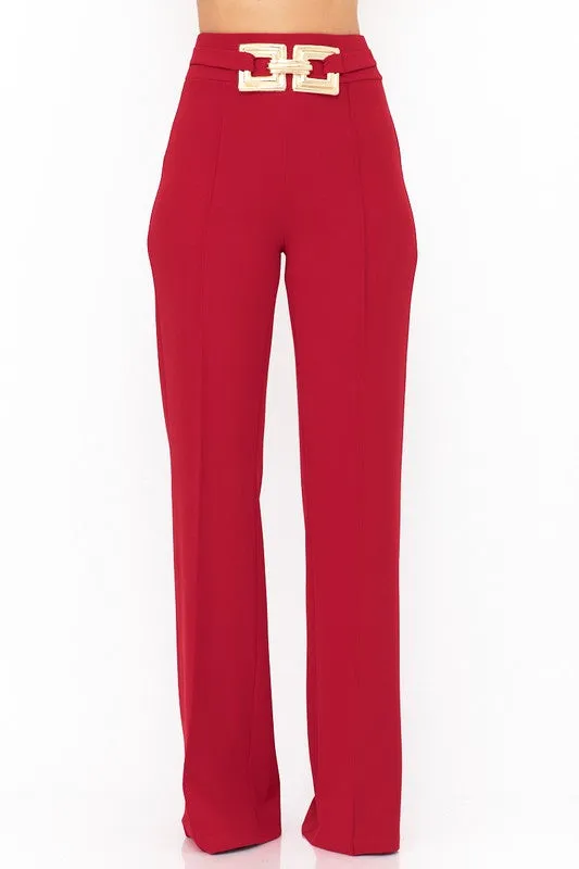 Wine High Waist Pants With Buckle Trim Detail