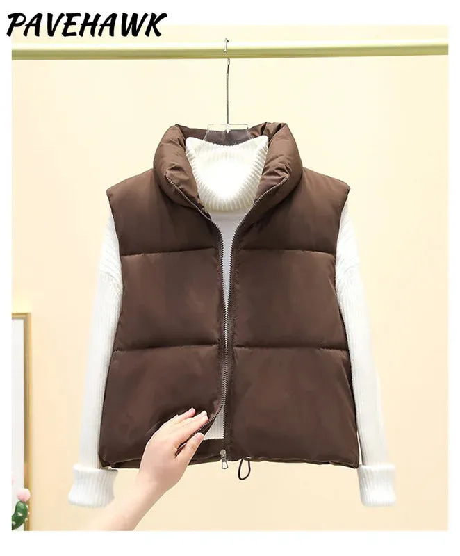 Women Autumn Winter Short Down Vest Stand Collar Warm Casual Elegant Sleeveless Coats Outdoor Quilted Travel Jackets Clothes