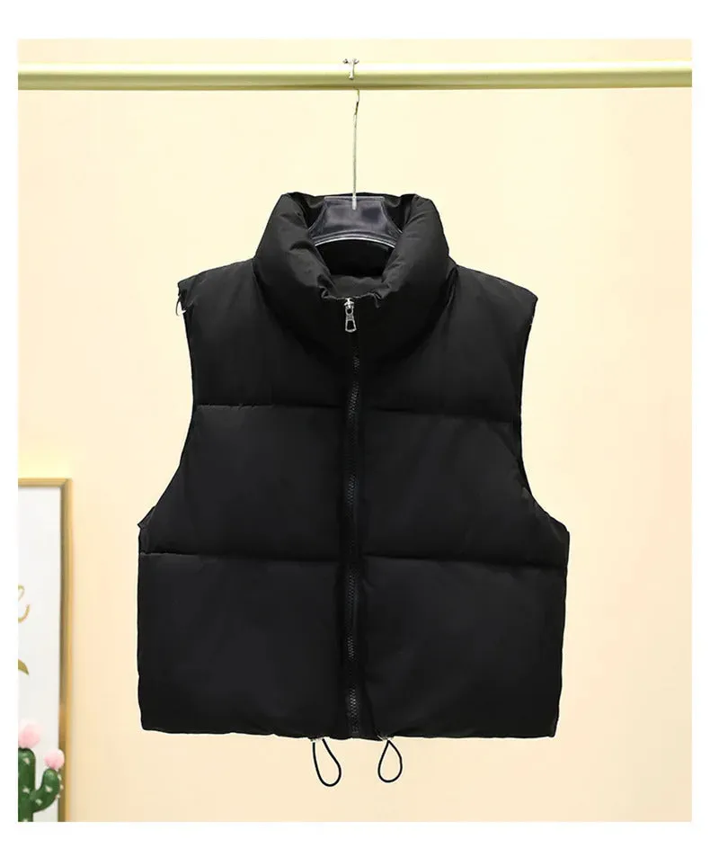 Women Autumn Winter Short Down Vest Stand Collar Warm Casual Elegant Sleeveless Coats Outdoor Quilted Travel Jackets Clothes