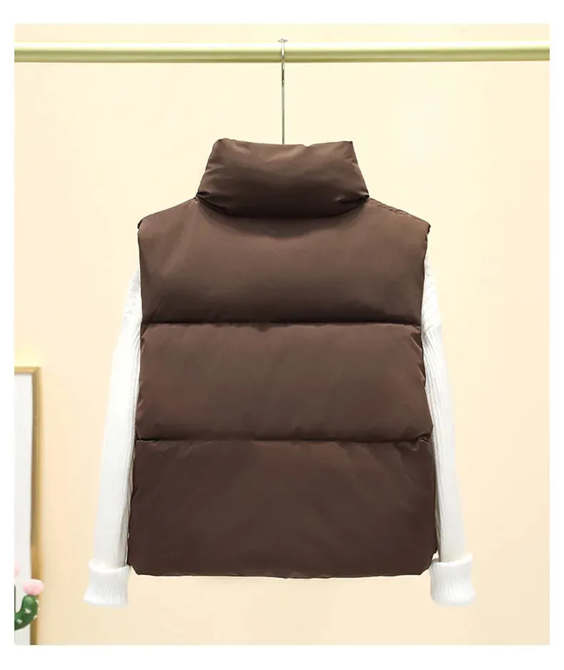 Women Autumn Winter Short Down Vest Stand Collar Warm Casual Elegant Sleeveless Coats Outdoor Quilted Travel Jackets Clothes