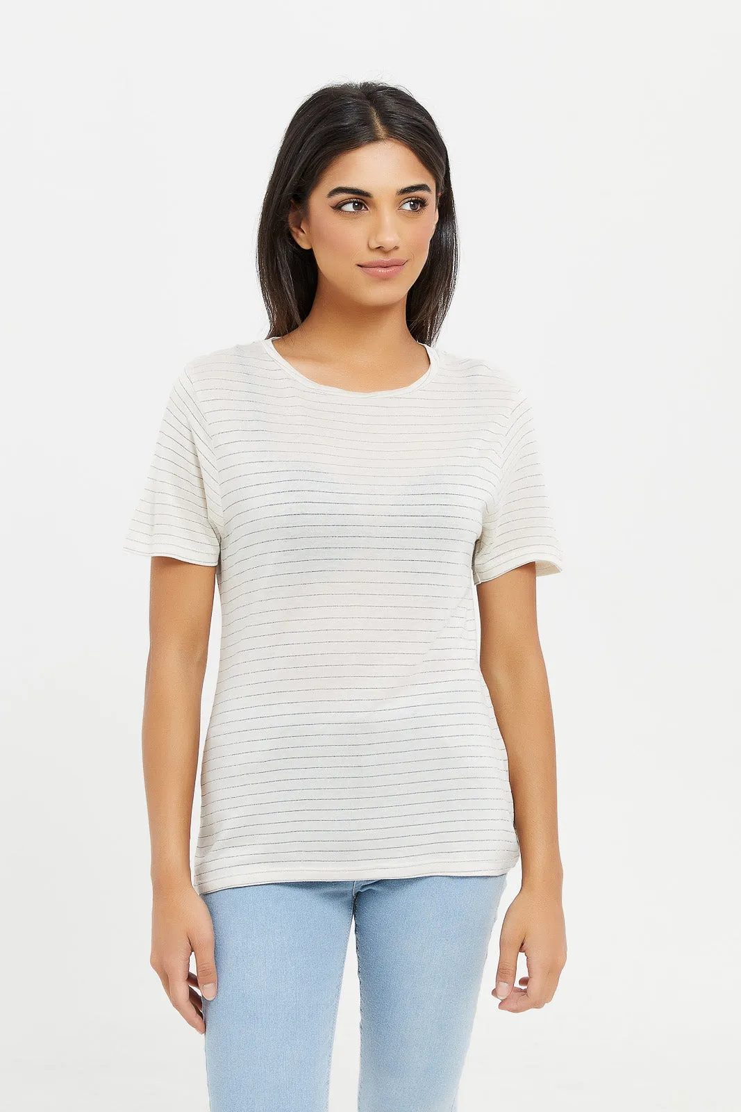 Women Cream Striped Metallic T-Shirt