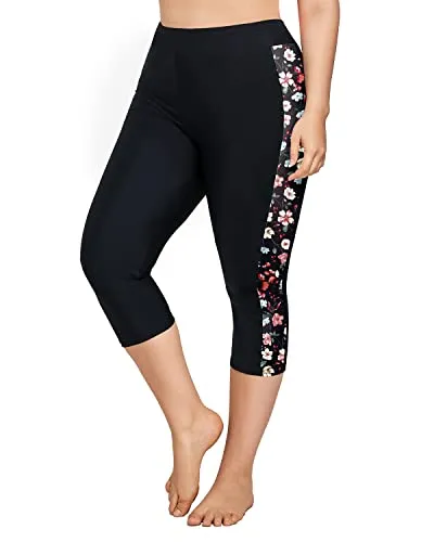 Women Plus Size Swim Capris Long Swim Shorts High Waisted-Black Flowers