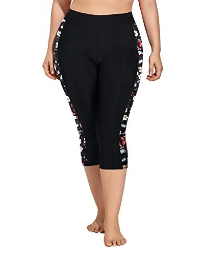 Women Plus Size Swim Capris Long Swim Shorts High Waisted-Black Flowers