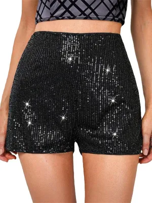 Women Sequin Shorts Elastic High Waist Sparkly Glitter Straight Short Pants Sexy Club Hot Pants Summer Streetwear