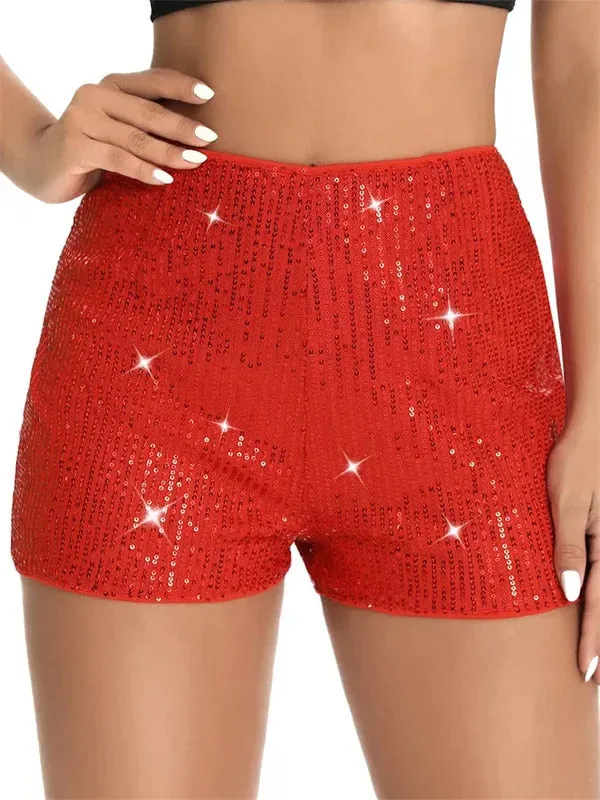 Women Sequin Shorts Elastic High Waist Sparkly Glitter Straight Short Pants Sexy Club Hot Pants Summer Streetwear