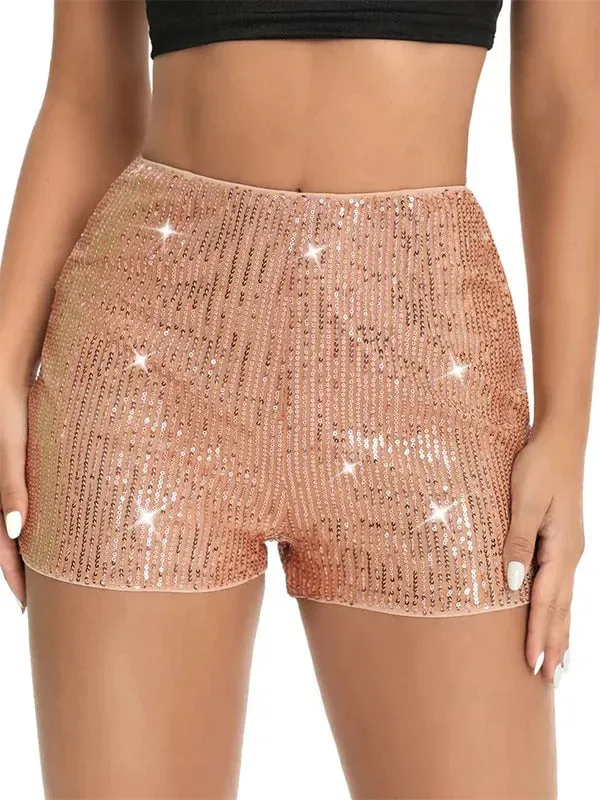 Women Sequin Shorts Elastic High Waist Sparkly Glitter Straight Short Pants Sexy Club Hot Pants Summer Streetwear