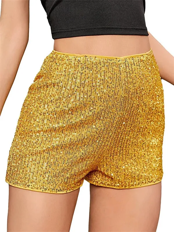 Women Sequin Shorts Elastic High Waist Sparkly Glitter Straight Short Pants Sexy Club Hot Pants Summer Streetwear