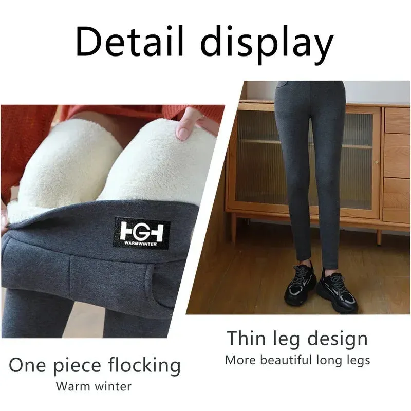 Women Winter Leggings Solid Warm Leggings Thicken Lamb Cashmere Hight Waist Butt Lift High Stretchy Walking with Pocket Pants