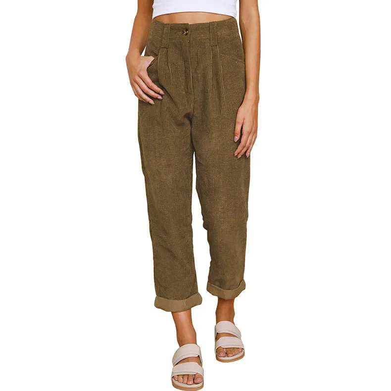 Women's Autumn High Waist Casual Solid Color Corduroy Pants