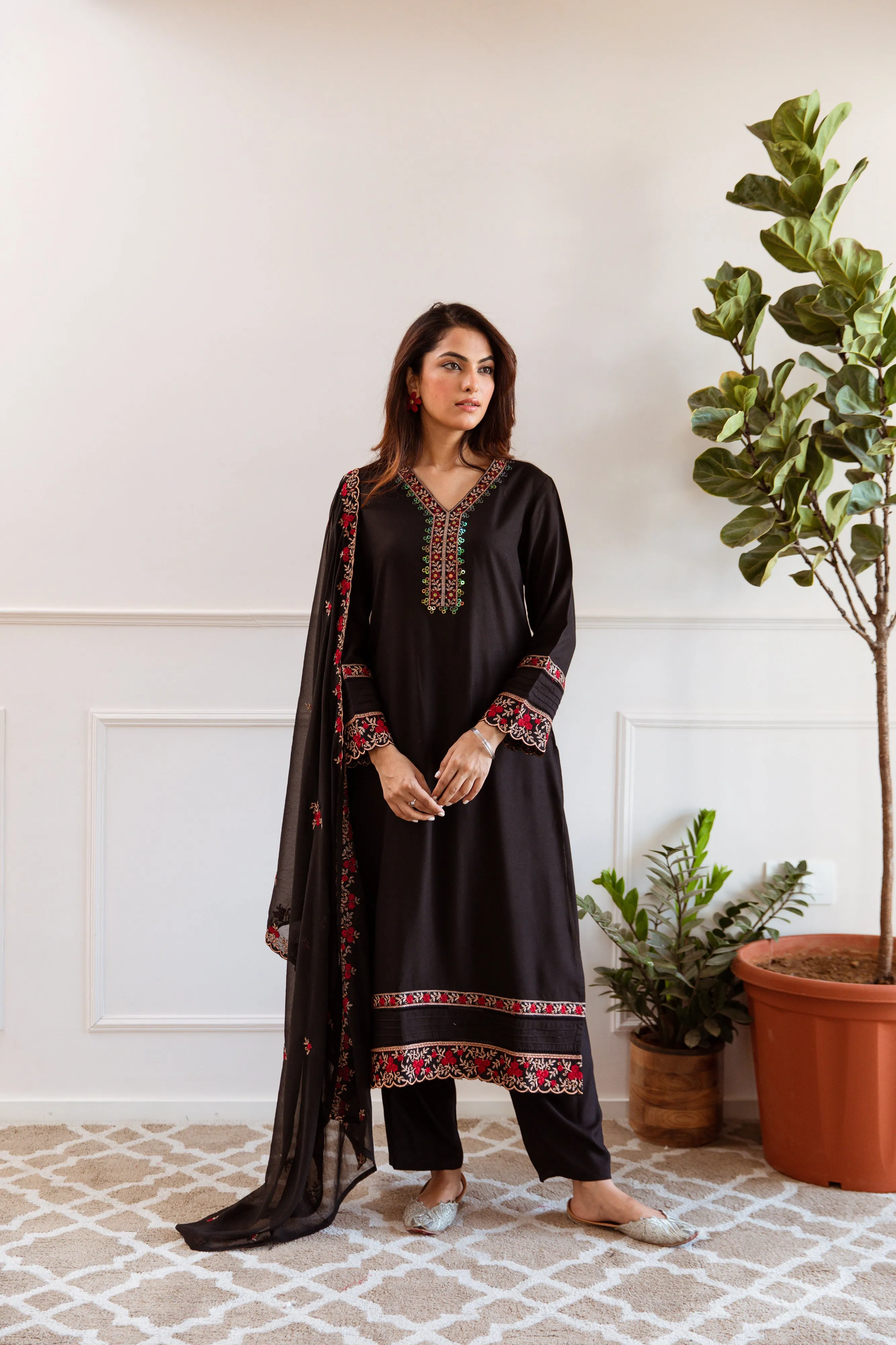 Women's Black German Rayon Kurta Pant and Dupatta Set