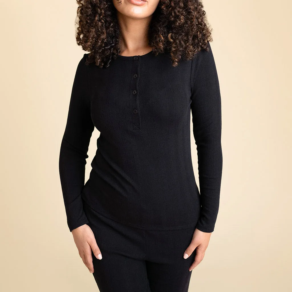 Women's Black Pointelle Henley Top