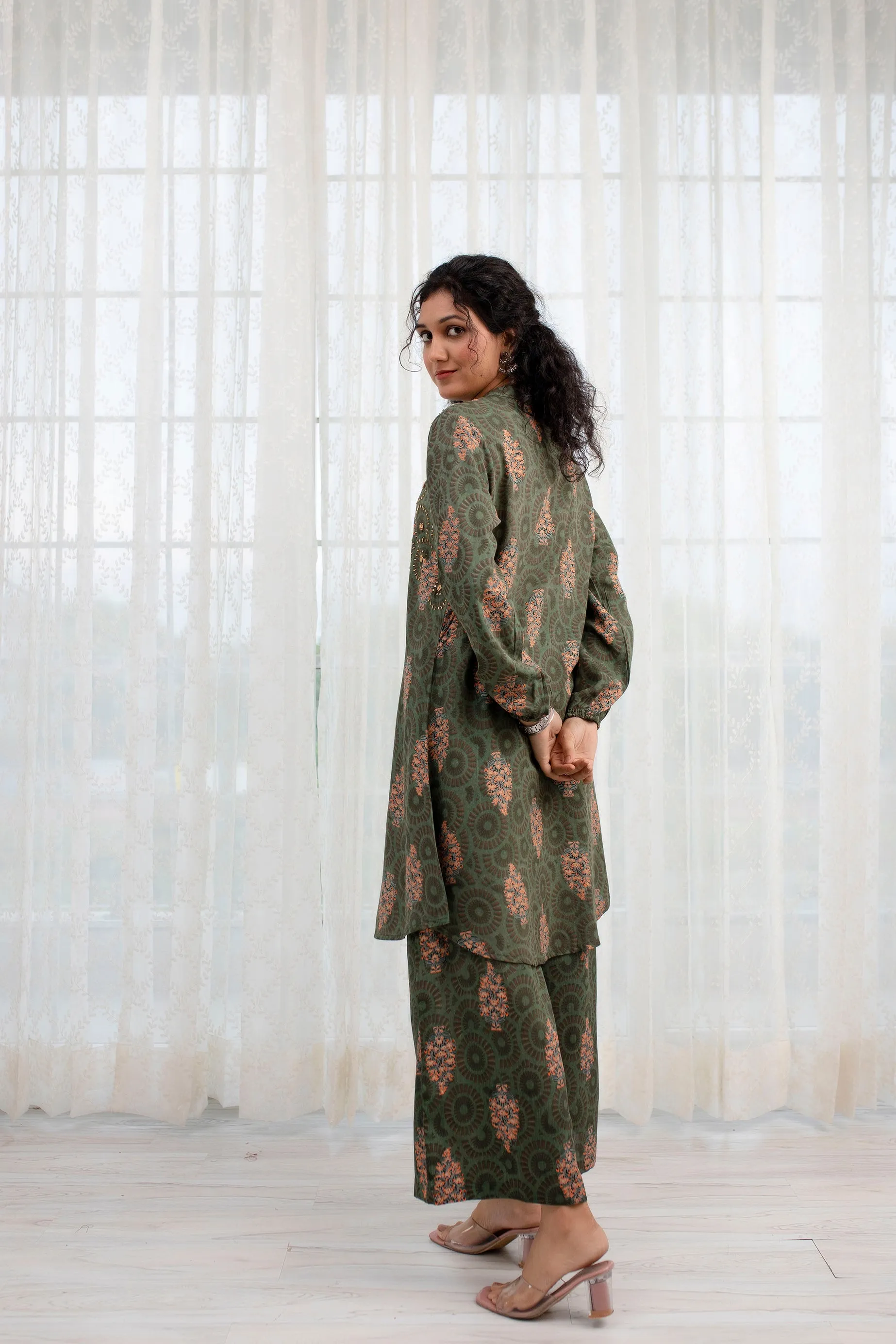 Women's Green Rayon A-Line Kurta and Palazzo Set