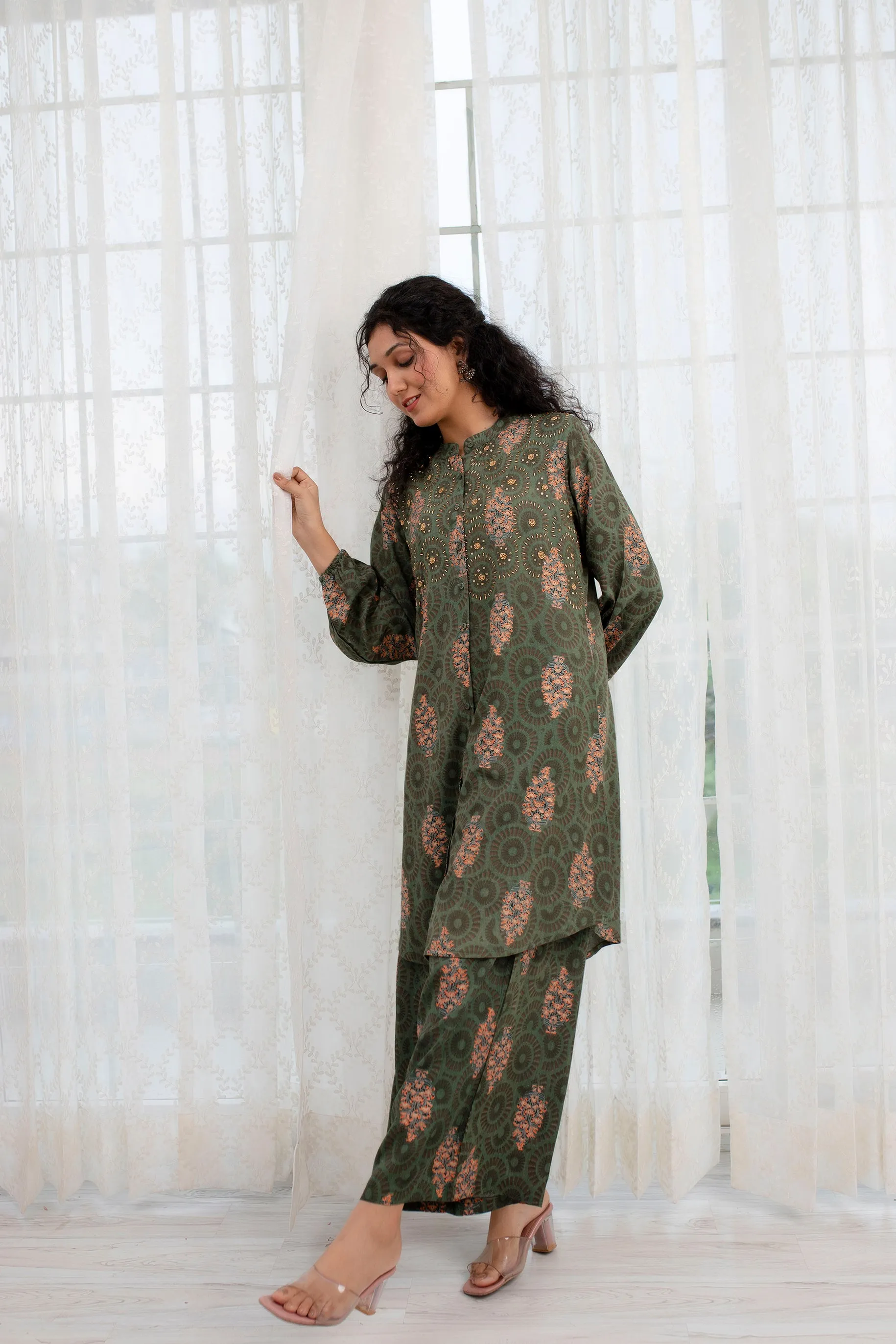 Women's Green Rayon A-Line Kurta and Palazzo Set