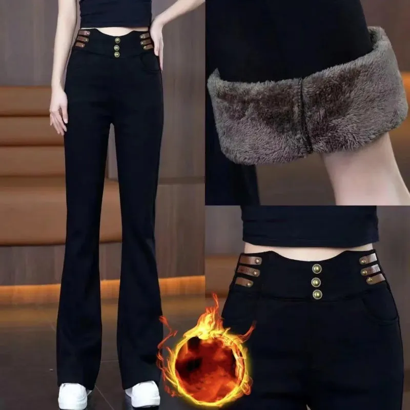 Women's High-Waisted Flared Pants with Plush Lining