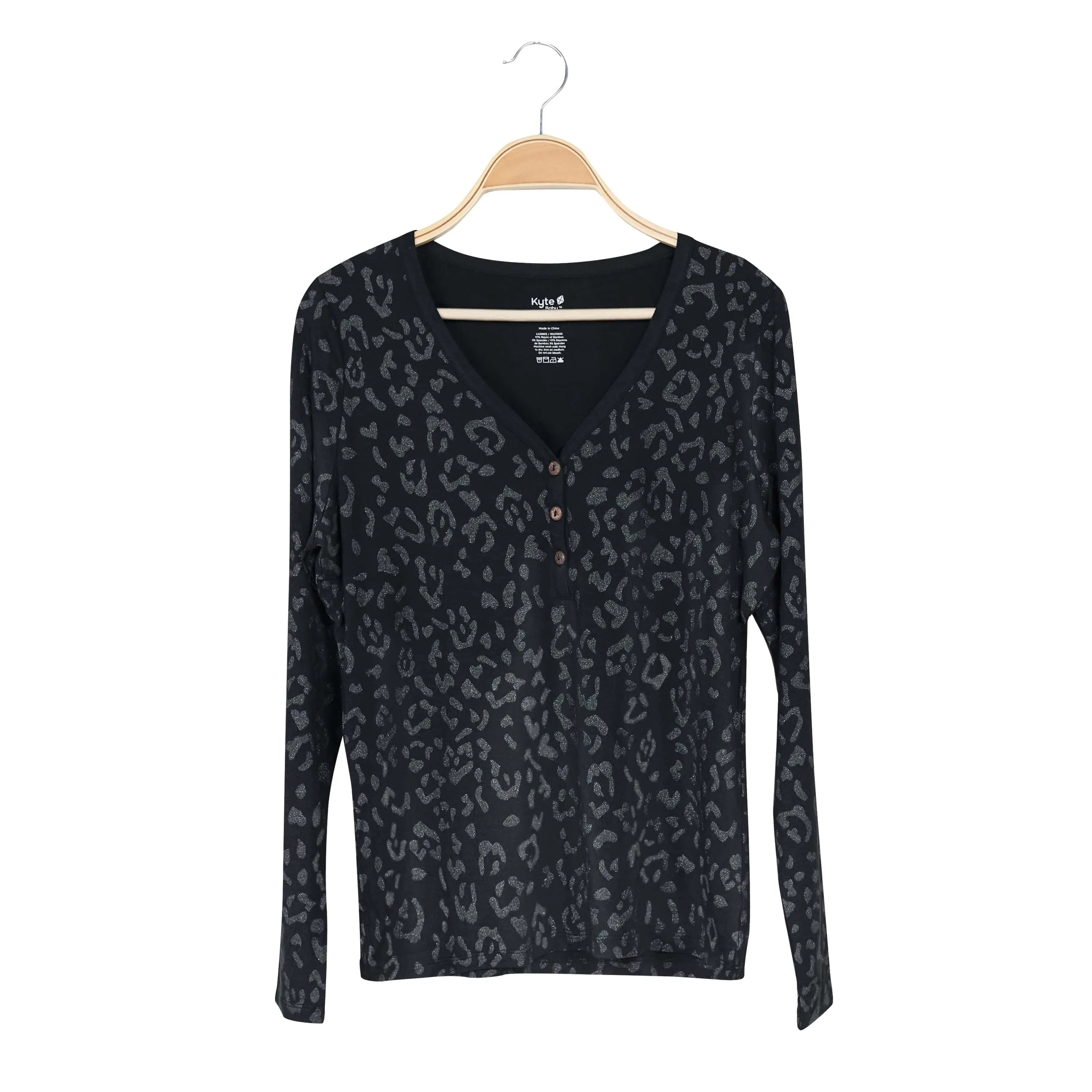 Women's Long Sleeve Henley Tee in Midnight Leopard