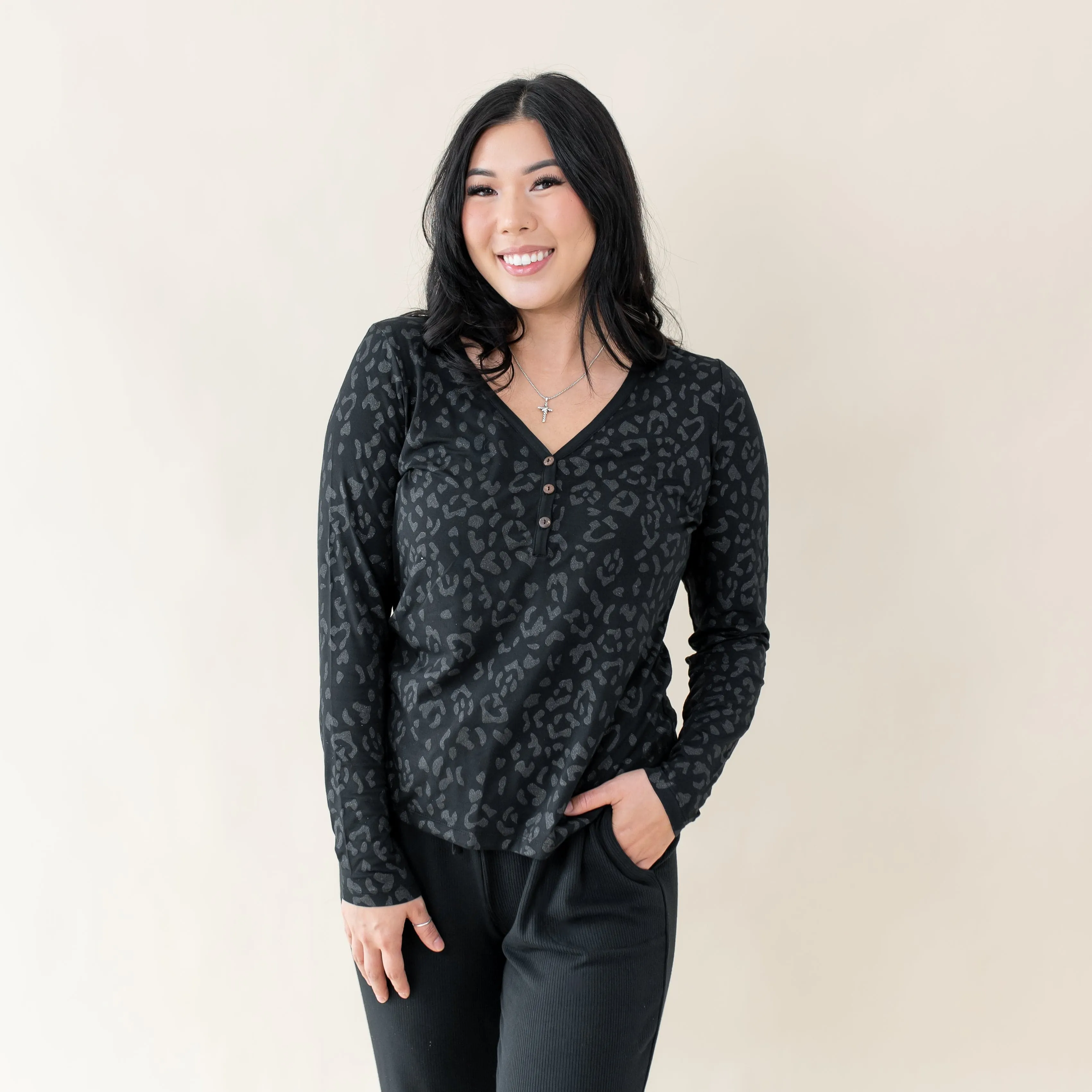 Women's Long Sleeve Henley Tee in Midnight Leopard