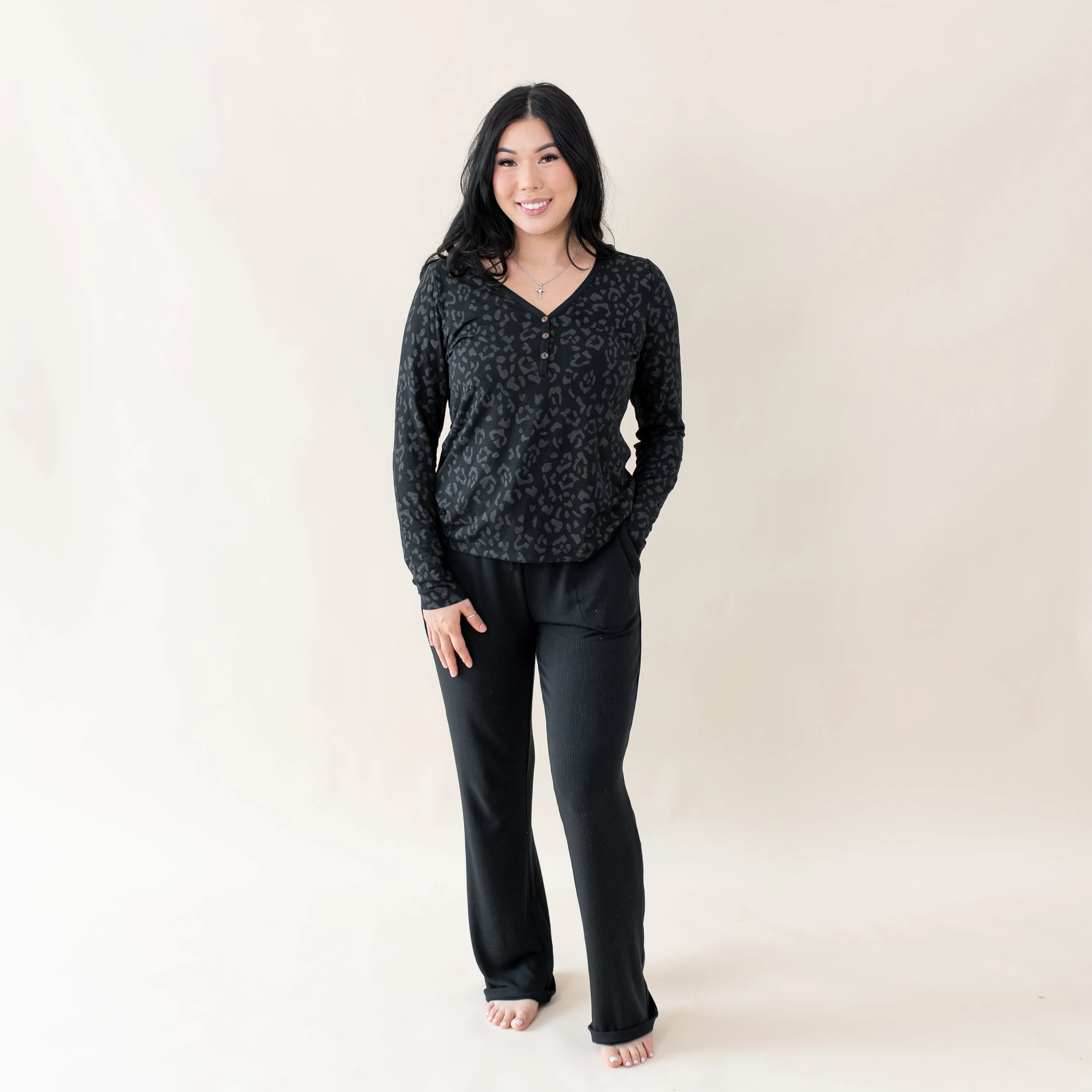 Women's Long Sleeve Henley Tee in Midnight Leopard