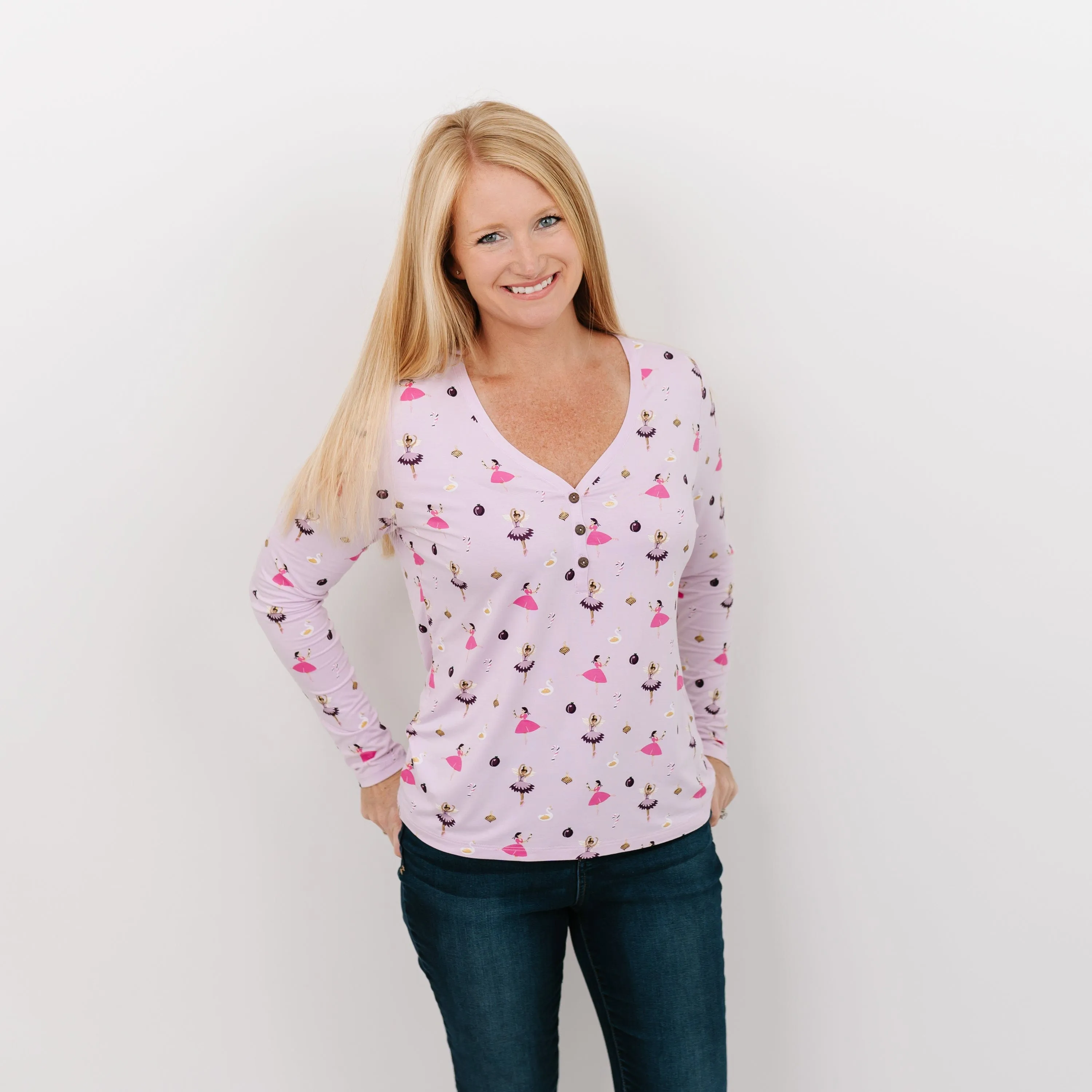 Women's Long Sleeve Henley Tee in Sugar Plum