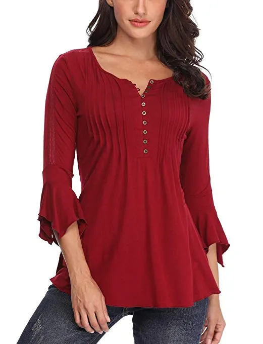 Womens Pleated Front Henley Shirts 3/4 Bell Sleeve Button Down Blouses