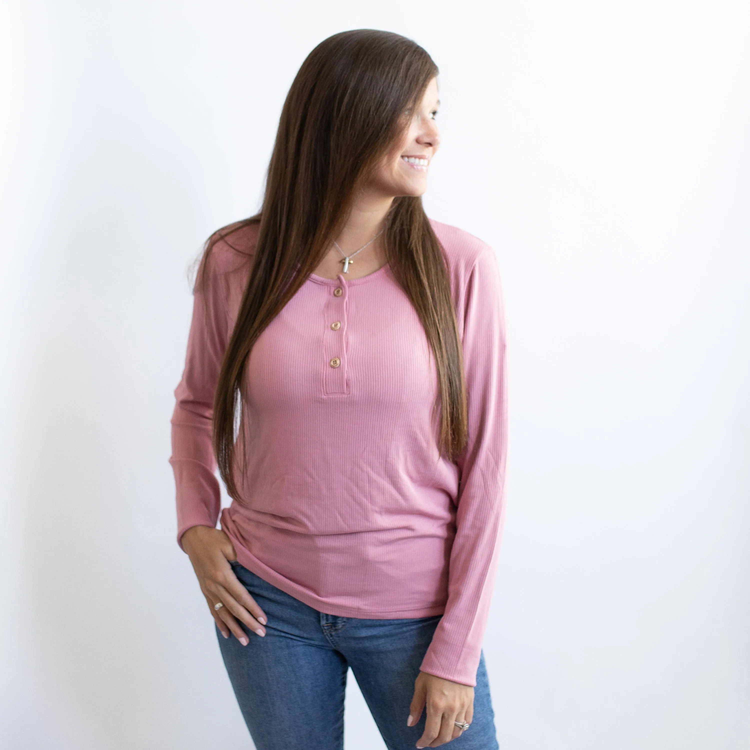 Women's Ribbed Henley Top in Apple Blossom