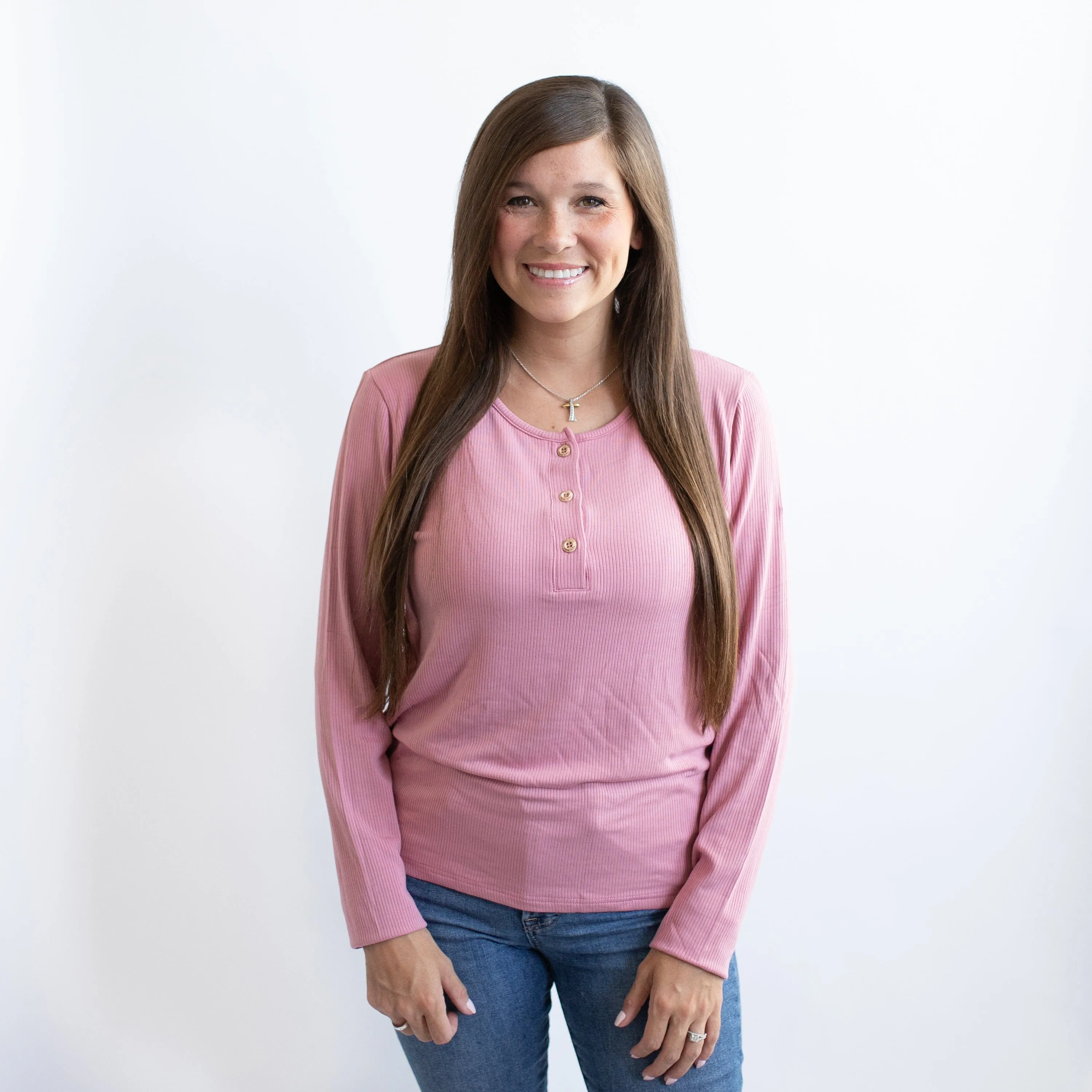 Women's Ribbed Henley Top in Apple Blossom