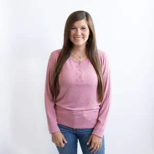 Women's Ribbed Henley Top in Apple Blossom