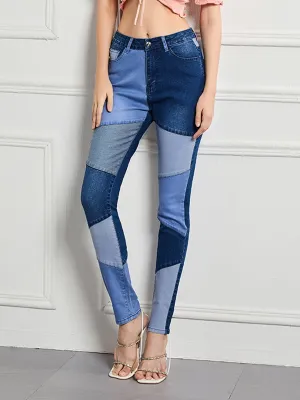 Women's Slim High Waist High Elastic Patchwork Contrast Color Jeans