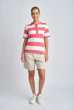 Yarn Dyed Stripe Frill Henley Cotton Tee Coral/White