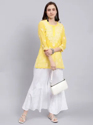 Yellow Georgette Chikankari Tunic Top With Inner Slip