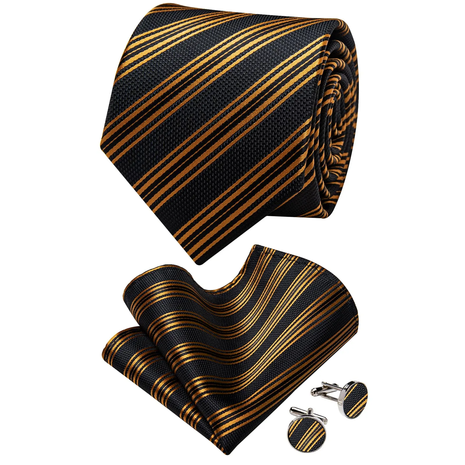 YourTies Black Solid Long Sleeve Shirt with Gold Black Striped Silk Tie for Men