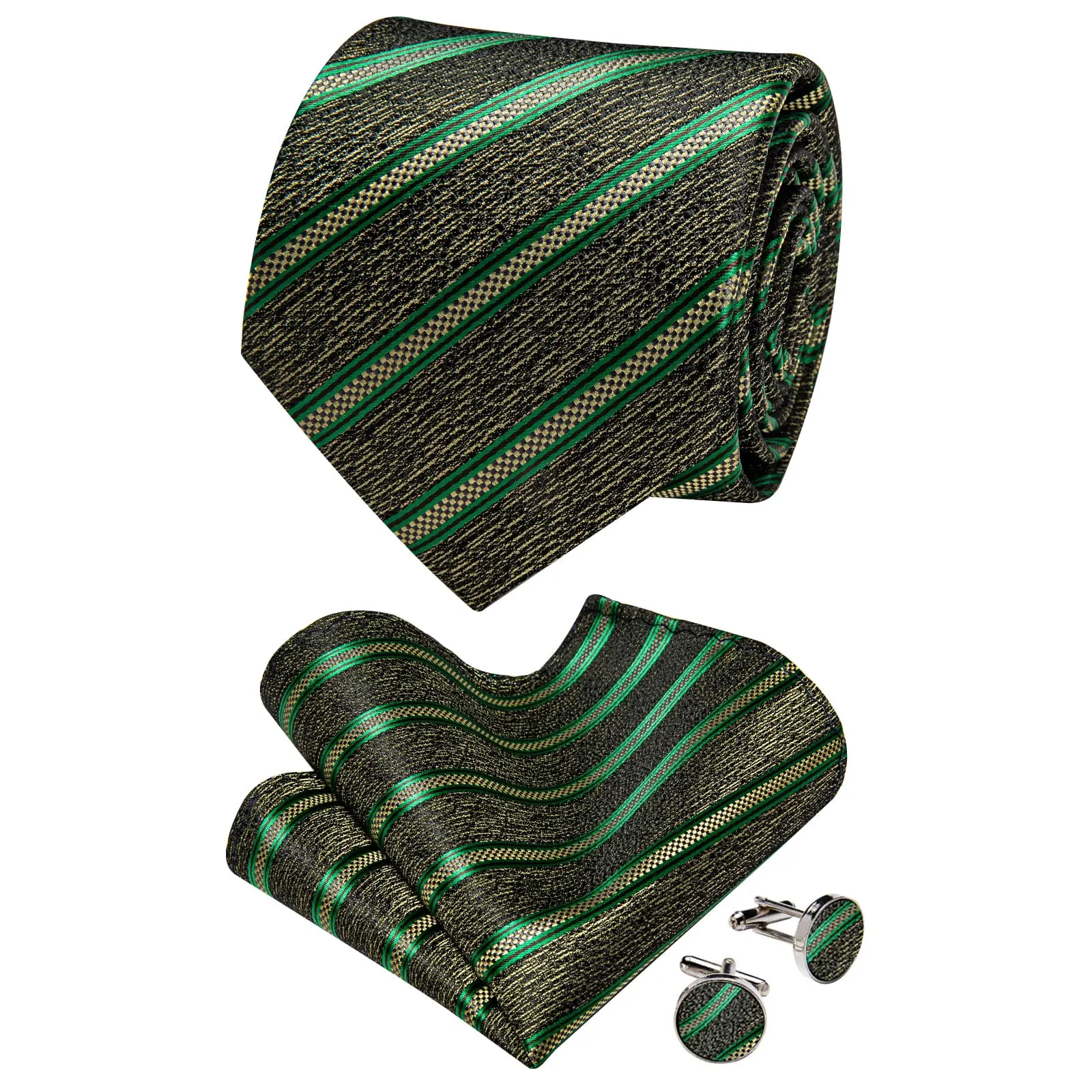 YourTies Black Solid Long Sleeve Shirt with Olive Green Striped Silk Tie for Men