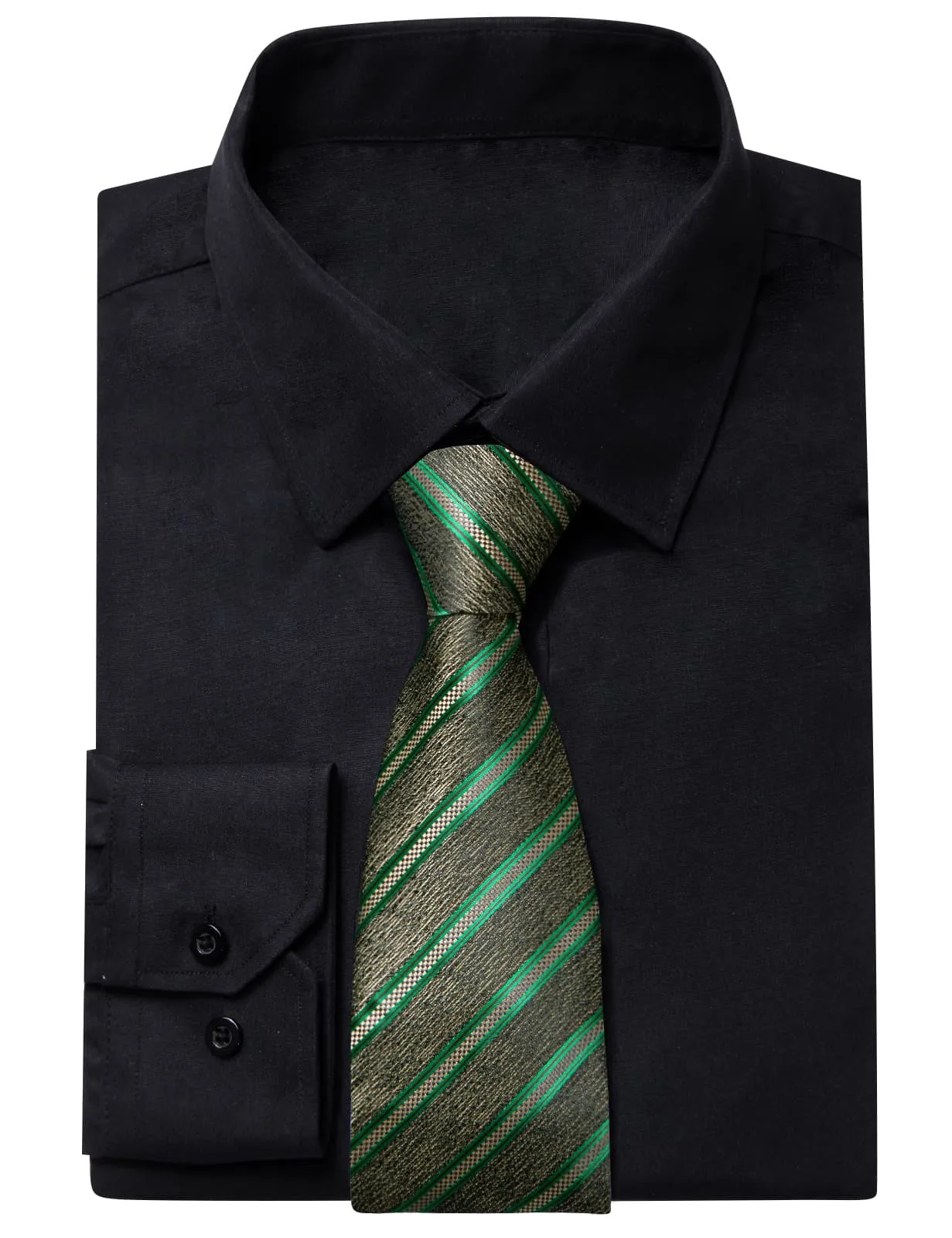 YourTies Black Solid Long Sleeve Shirt with Olive Green Striped Silk Tie for Men