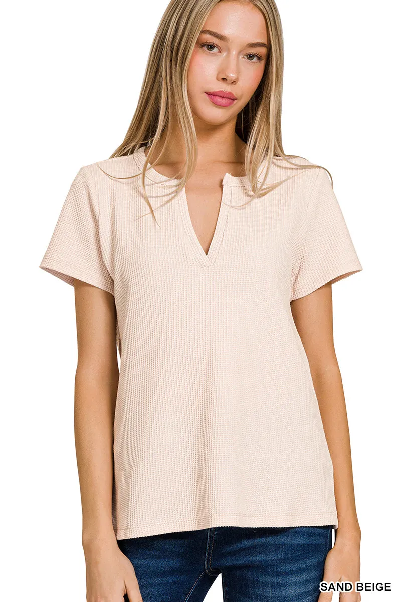 ZENANA MELAGE BABY WAFFLE HENLEY NECK SHORT SLEEVE TOP (MULTIPLE COLORS)