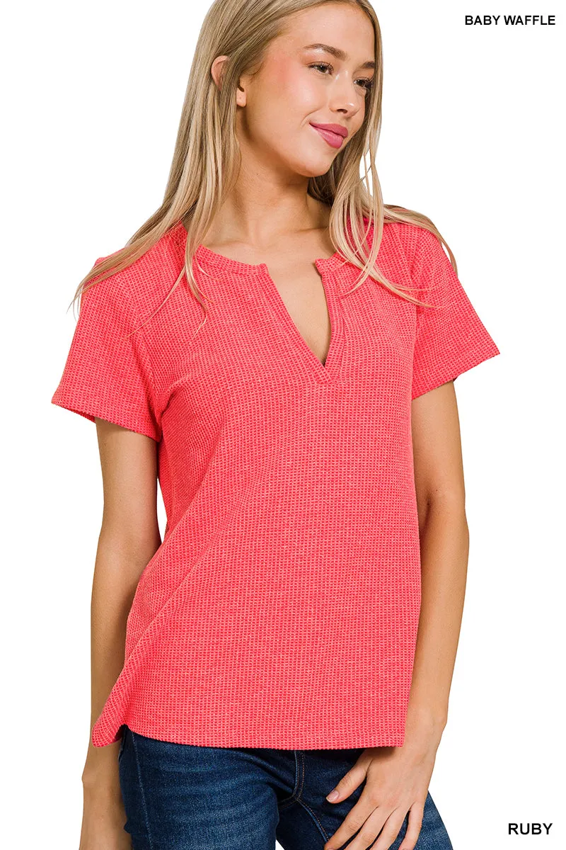 ZENANA MELAGE BABY WAFFLE HENLEY NECK SHORT SLEEVE TOP (MULTIPLE COLORS)